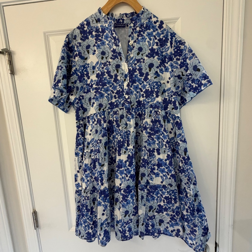 Ros's Garden Blue White Floral Cotton Tiered Mini Dress Ruffle Neck Medium